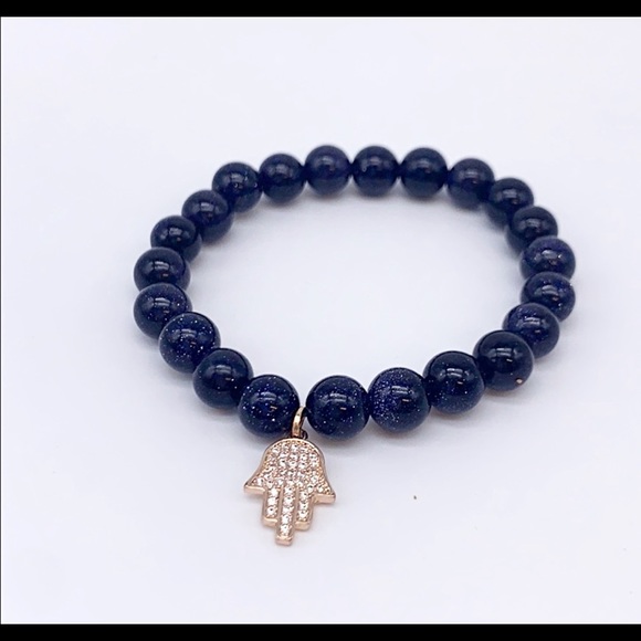 JS jewelry Jewelry - Blue goldstone 8mm beaded Hamsa stretch bracelet pave charm bracelet, protection